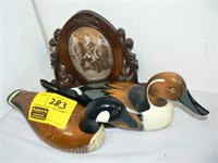 2 CARVED WOOD DUCKS, WOOD PICTURE FRAME