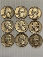 9 Different Date 50's Silver Quarters