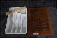 chopsticks, drawer organizer, cutting board