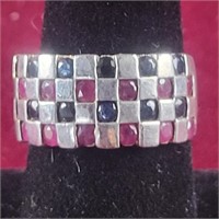 .925 Silver Ring with red and blue stones,  sz 7