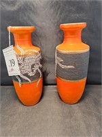 Orange Moriage Vases Hand Painted Mi Yako Japan x2