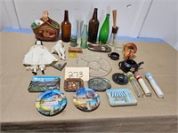collectibles, bottles, dolls, trays