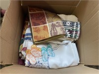 BOX OF DISH TOWELS AND RAGS, TABLE CLOTHS