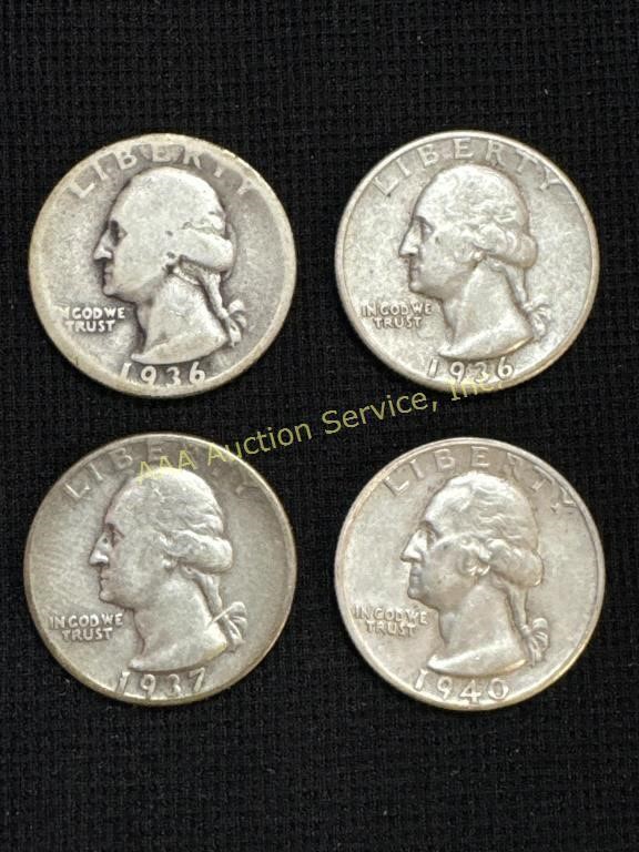 (4) US Washington silver quarters 1936, 1936-D,