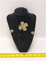 jade brooch with clip-on earrings