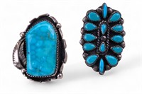 2 Native Amer Sterling Rings w/ Bright Turquoise