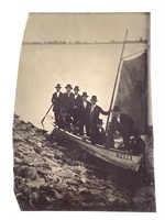 Tintype Men on Boat at Shore, Harbor Scene