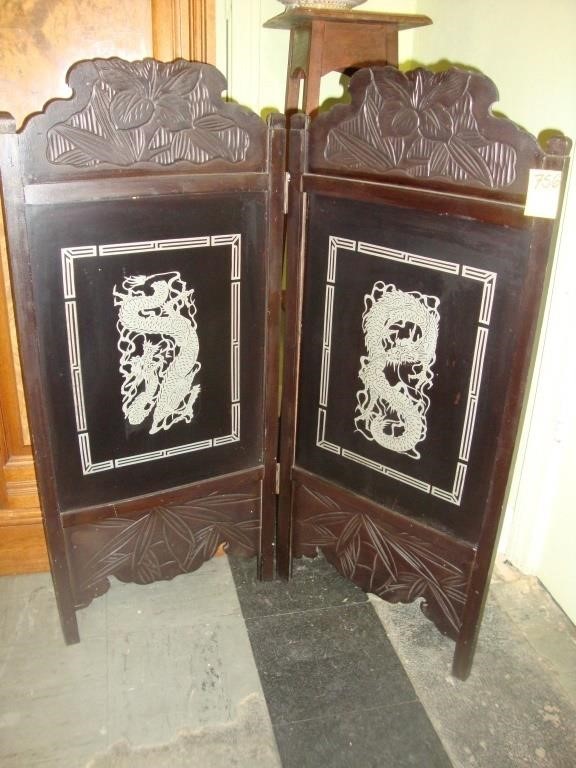 TOC two-fold black Oriental screen, 34" tall.