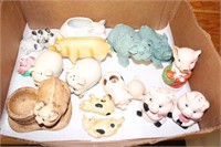 BOX OF ASSORTED PIG SALT & PEPPERS & FIGURINES