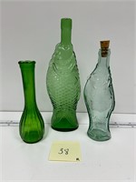 Vintage Green Fish Wine Bottles and Vase