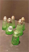 5 GREEN DEPRESSION GLASS SHAKERS