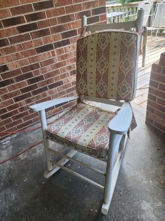 White wooden rocking chair, arms need repair at