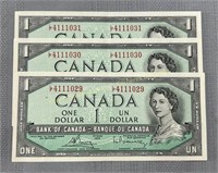 (3) 1954 Canada consecutive uncirculated 1 dollar
