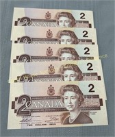 (5) 1986 Canada consecutive uncirculated 2 dollar
