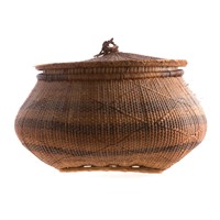 Native American woven grass lidded basket