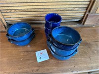 Blue Pottery Soup Bowls and Blue 1 Cup Dishes