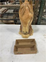 Wooden horse head 19 x 9, vintage cheese boxes