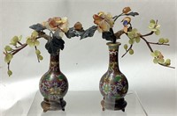 PAIR OF CLOISONNÉ VASES ON STANDS w JADE TREE
