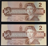 2 pcs 1986 CAD CONSECUTIVE $2 Banknotes
