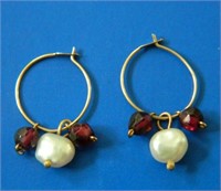 10k SOLID YELLOW GOLD EARRINGS PEARLS GARNETS