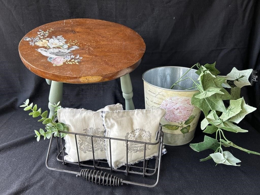 Wood stool or plant stand, metal flower pot,