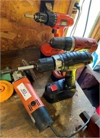 Electric Angle Grinder & Three Cordless Drills