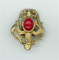 Antique Fluer-De-Lis Brooch Red Stone 1.25”
