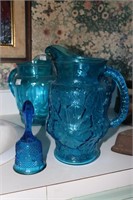 Anchor Hocking blue Rainflower pitcher and a bell