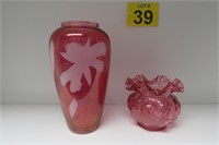 Cranberry Vtg Fenton Vase & Etched Urn