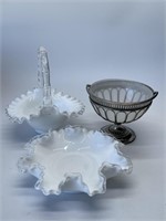 Vintage Milk Glass Bowl, Basket and Silver Plated