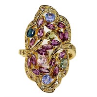 Natural Rhodolite Garnet Tanzanite Tourmaline Ring