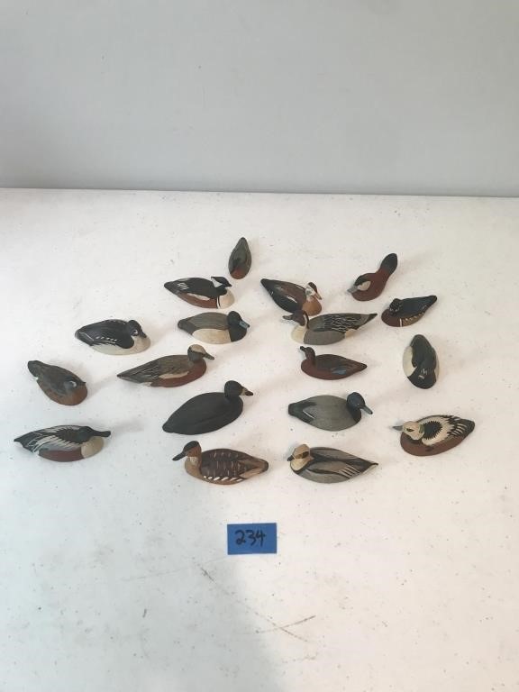 18 Signed Mini Wooden Duck Decoys (2-3")