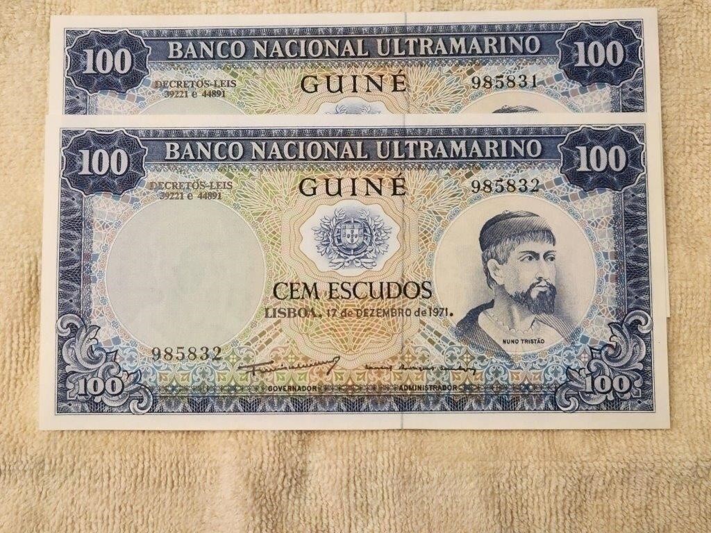 PORTUGUESE Guinea" 100 Escudos X 2 Consecutive