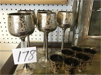 8" BRASS GOBLETS (5) & 6 MID CENTURY SHOT GLASSES