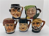 Set of 4 Mini Toby Mugs & 1 Mini R. Doulton Mug