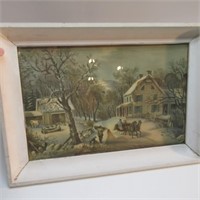 FRAMED CURRIER & IVES WINTER PRINT. 18" W BY