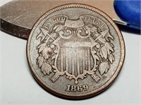 OF) 1869 US two cent piece
