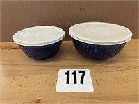 2 PC. BLUE PYREX MIXING BOWL SET W/ LIDS