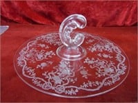 Antique etched dessert tray. Glass.