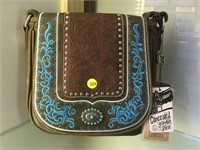 BROWN WITH AQUA CONCEAL CARRY SHOULDER STRAP PURSE