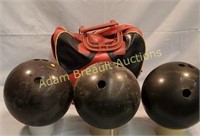 3 vintage bowling balls and bag