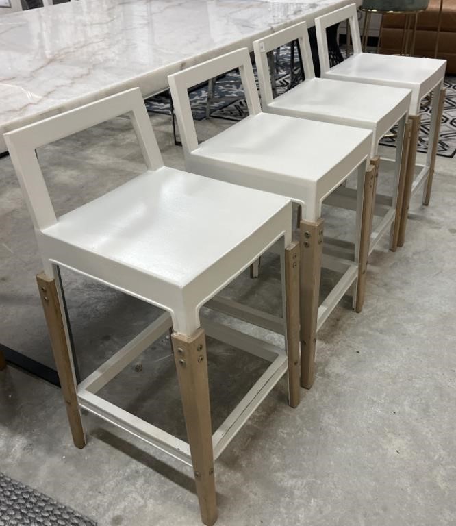 4 Modern White Painted Stools  Wood Leg Accents