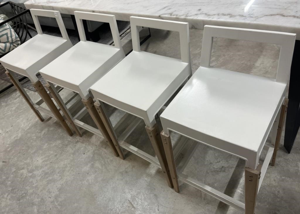 4 Modern White Metal Painted Stools , With Wood