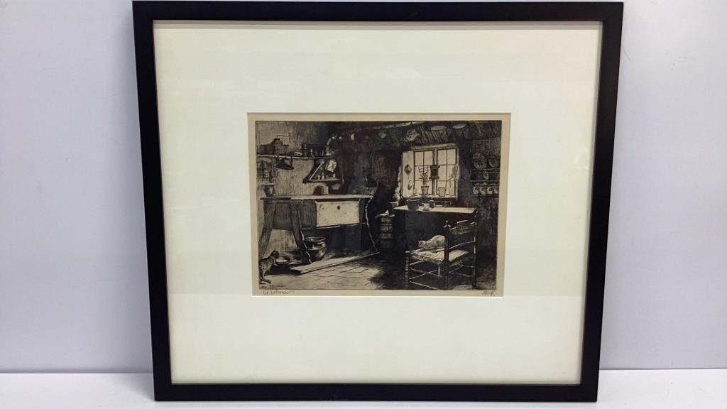 1906 pen/ink etching of old kitchen scene, signed