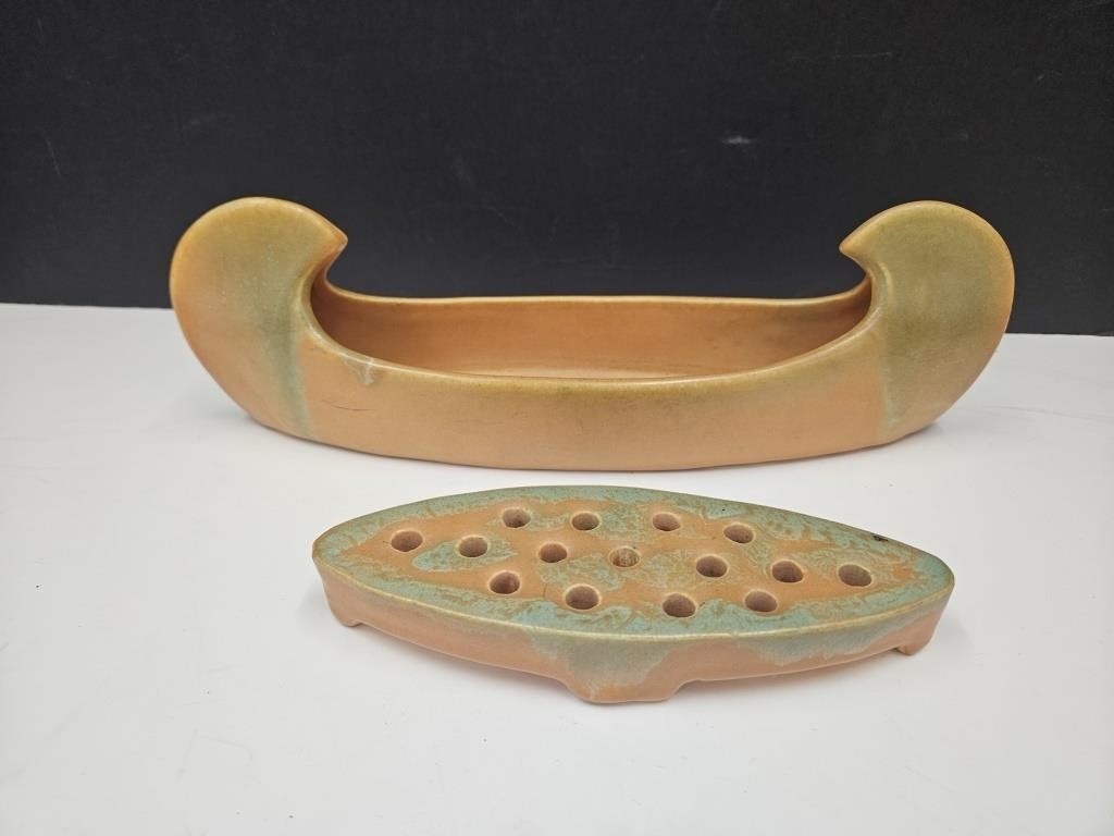 Muncie Pottery Canoe with Flower Frog 11 1/2" L