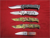 5 automatic pocket knives (no names), 2 camo,