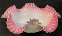 CHIC 1800'S MILK GLASS RUFFLED BOWL W PINK TRIM