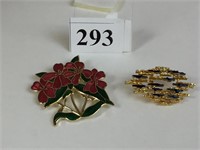 ENAMEL FLOWER PIN AND SIGNED A1596 GOLD TONE