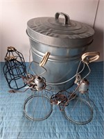 Vintage Utility Light Cages & 6 Gallon Garbage Can