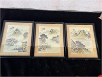 3pc Ink on Silk Japan Mountains & Trees